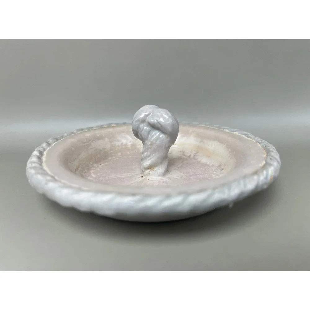 Beige Trinket Dish Knot Decor Ring‎ Holder Handmade Pottery Vanity Jewelry 4.5